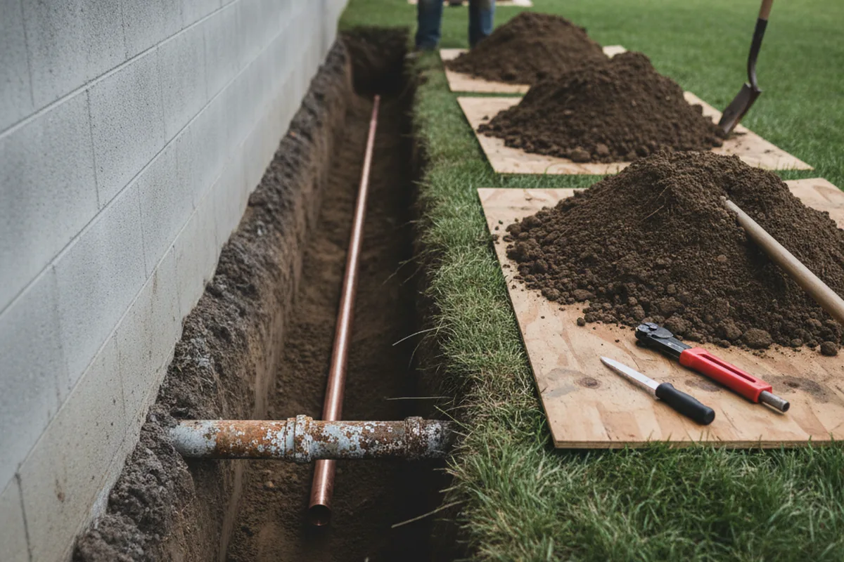 Excavated water line trench during Water Softener Installation in Mount Morris